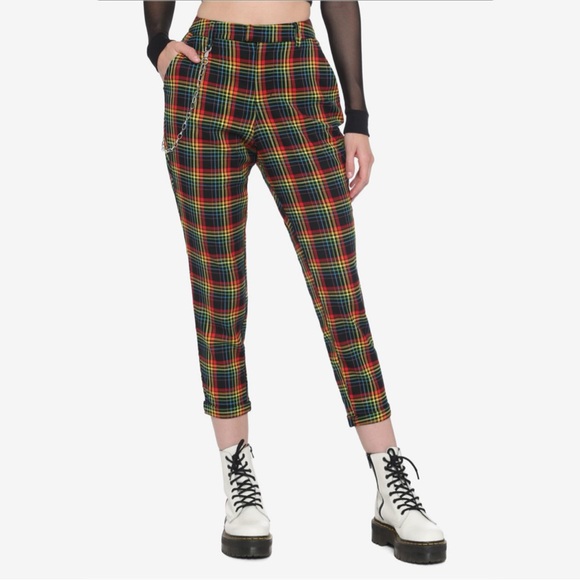 {Hot Topic} Rainbow Plaid Pride Emo Grunge Mid Rise Ankle Skinny Stretch Pants - Picture 1 of 7